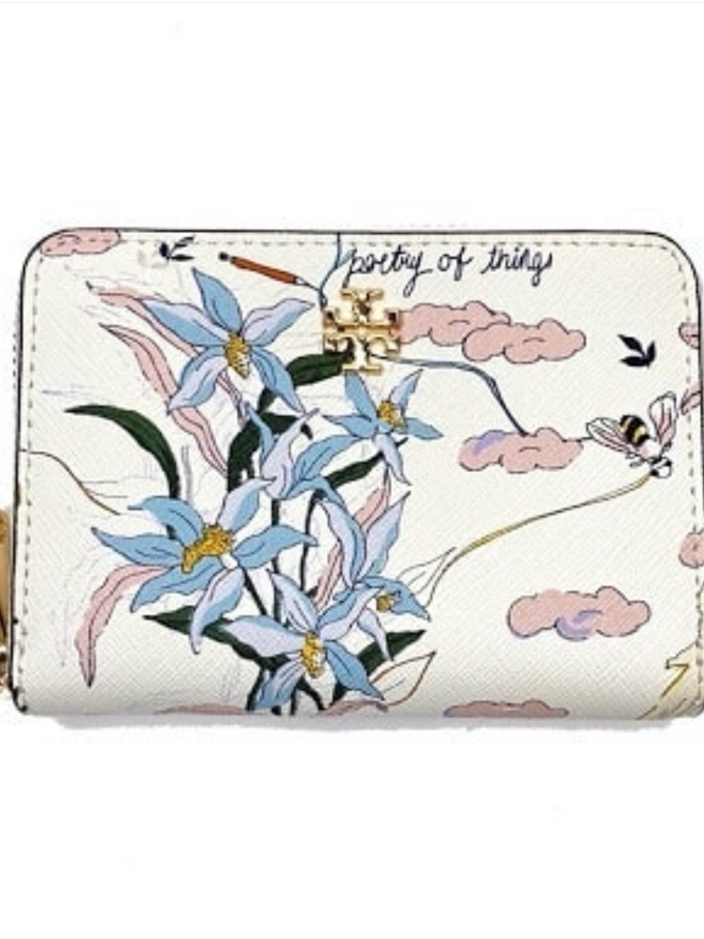 Tory Burch White Zip Wallet with Light Blue Floral Print and Pink Cloud Accents - Picture 1 of 6